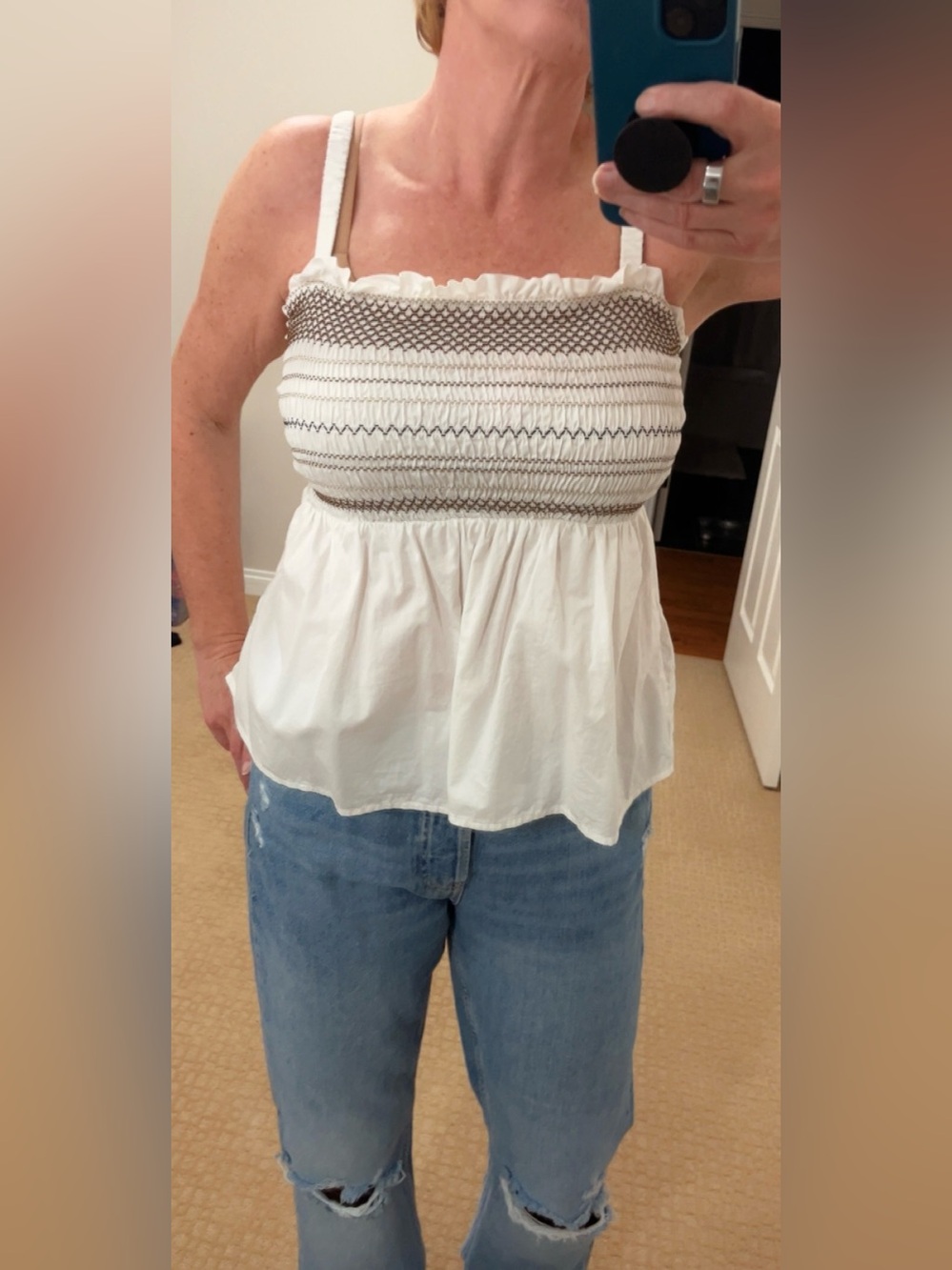 Old Navy White Smocked Peplum Tank Top with Black Stitching